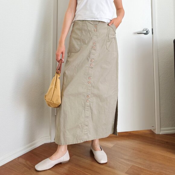 80's Olive Button Down Maxi Skirt - Picture 1 of 8